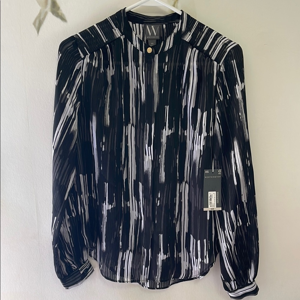 Worthington Sheer Black and White Blurry Lines Pattern Button Up Blouse
